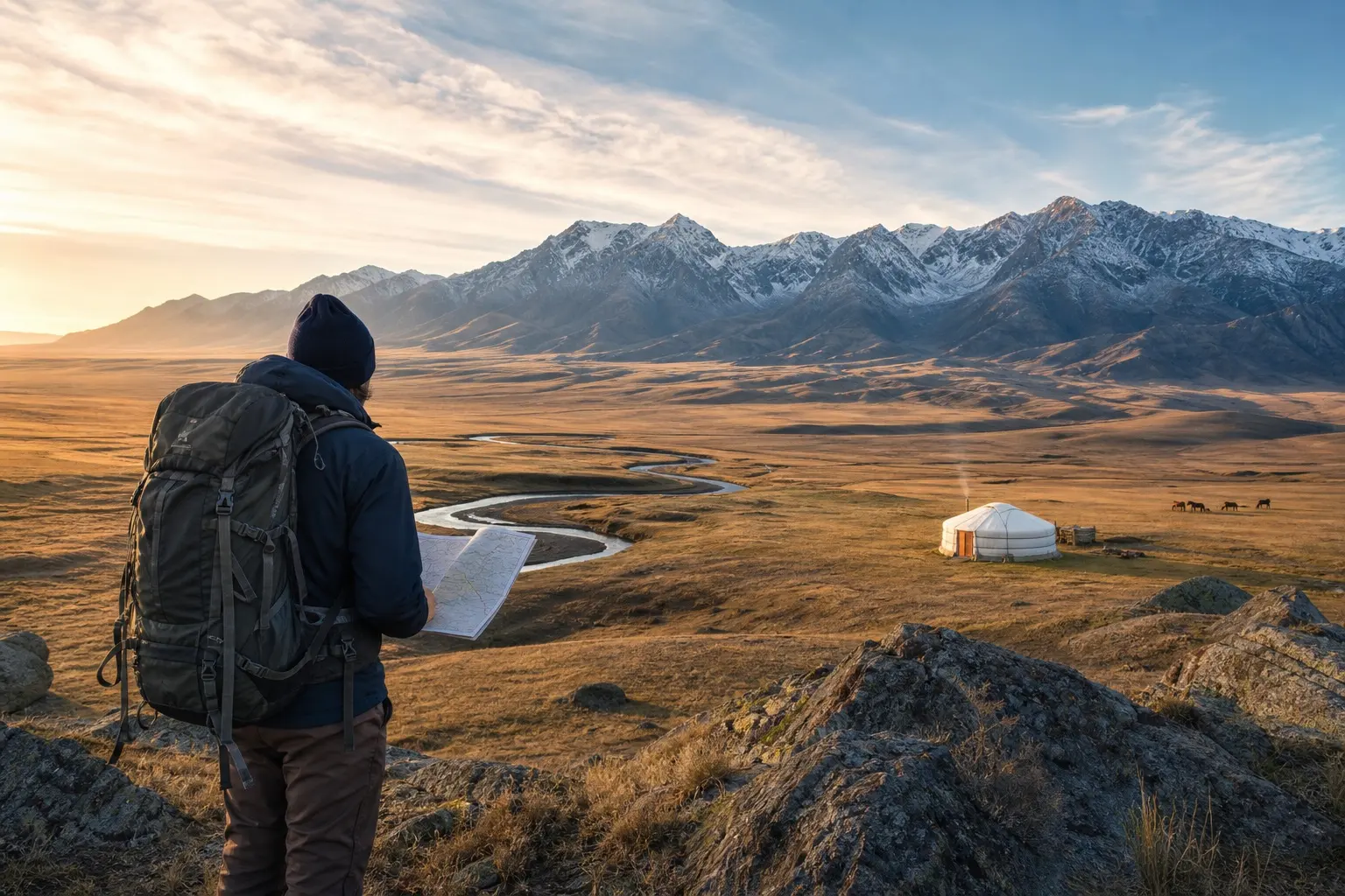 A traveler with a map looking across the Mongolian steppe toward a distant ger