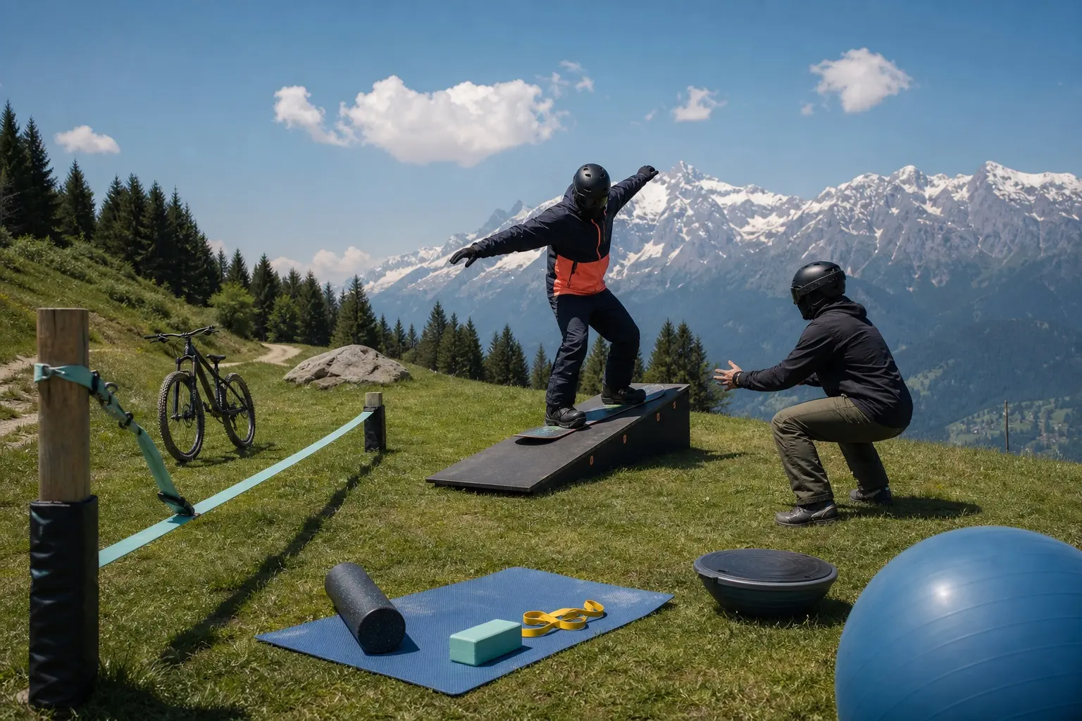 An athlete practicing snowboard balance on an outdoor training setup in summer