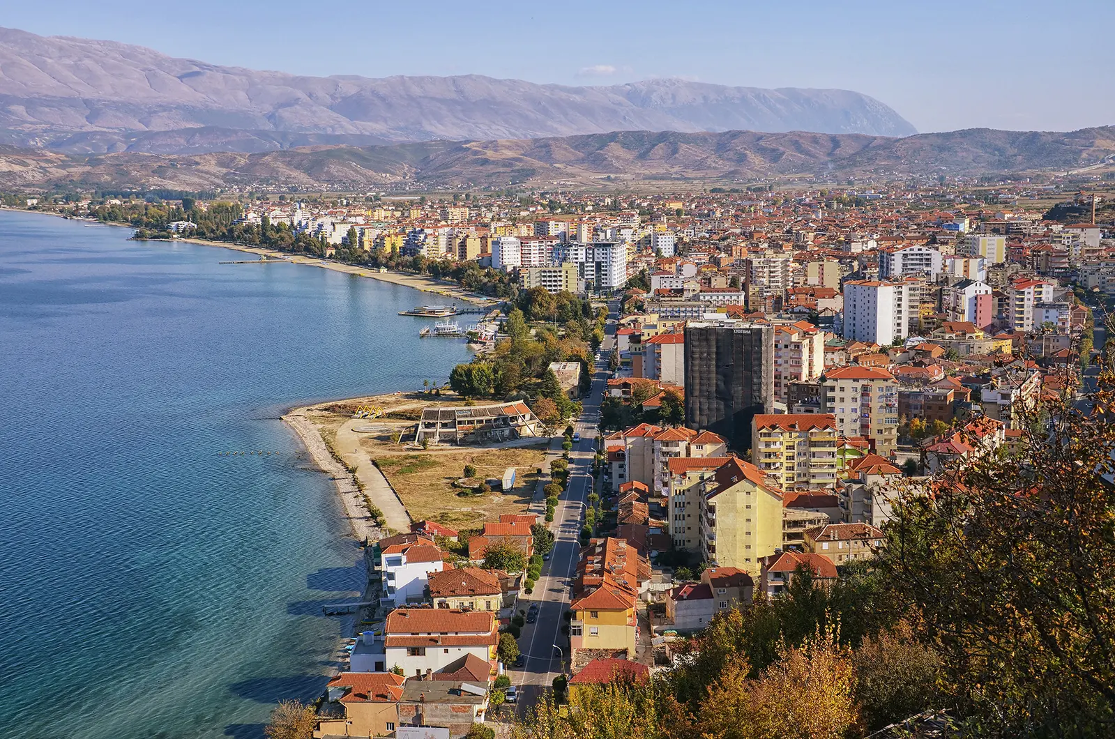 The Lake Ohrid shoreline and Pogradec in Albania